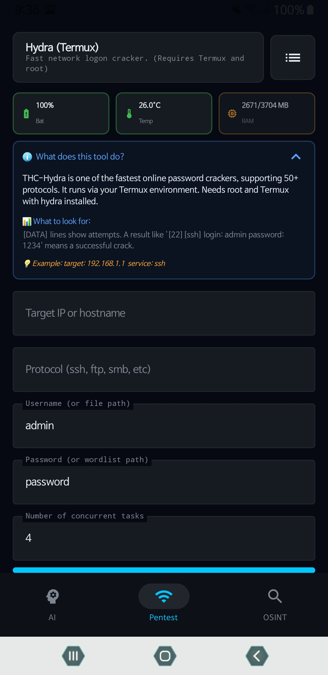 Optix Hydra tool screen